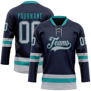 Custom Navy Gray-Teal Hockey Lace Neck Jersey