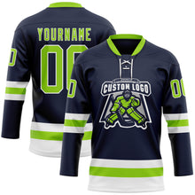 Load image into Gallery viewer, Custom Navy Neon Green-White Hockey Lace Neck Jersey
