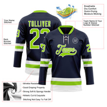 Load image into Gallery viewer, Custom Navy Neon Green-White Hockey Lace Neck Jersey
