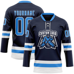 Custom Navy Powder Blue-White Hockey Lace Neck Jersey