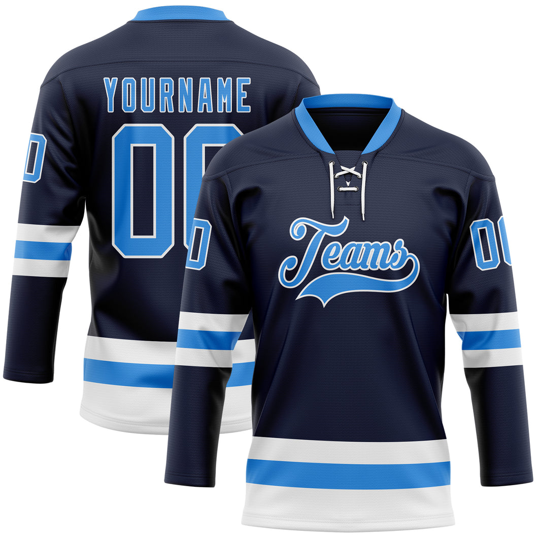 Custom Navy Powder Blue-White Hockey Lace Neck Jersey