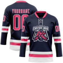 Load image into Gallery viewer, Custom Navy Neon Pink-White Hockey Lace Neck Jersey
