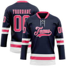 Load image into Gallery viewer, Custom Navy Neon Pink-White Hockey Lace Neck Jersey
