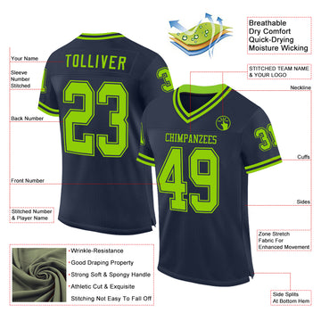 Custom Navy Neon Green Mesh Authentic Throwback Football Jersey