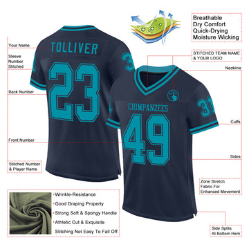 Custom Navy Teal Mesh Authentic Throwback Football Jersey