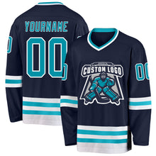 Load image into Gallery viewer, Custom Navy Teal-White Hockey Jersey
