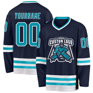 Custom Navy Teal-White Hockey Jersey