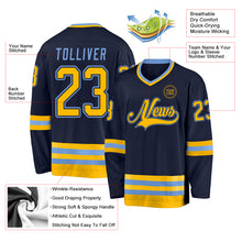 Load image into Gallery viewer, Custom Navy Gold-Light Blue Hockey Jersey
