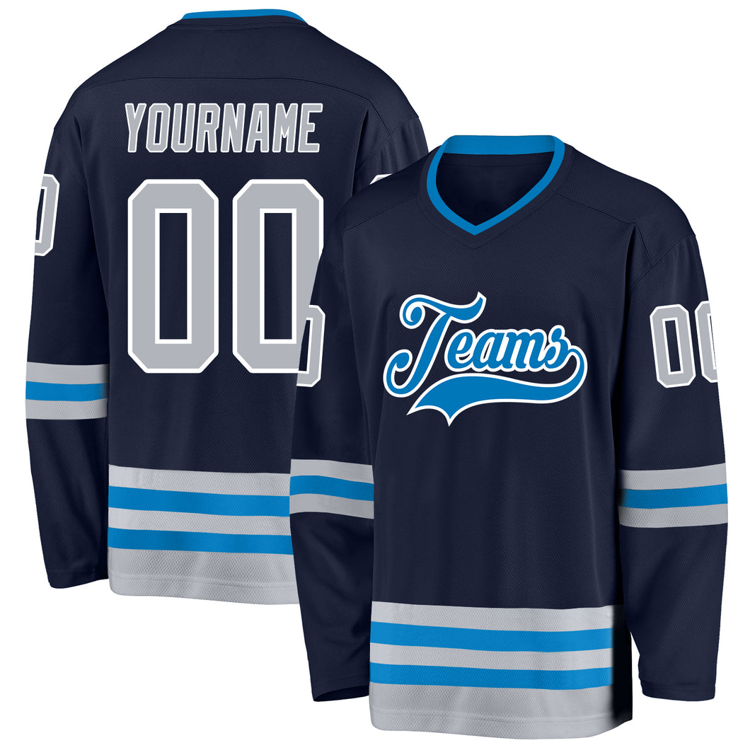 Custom Navy Gray-Blue Hockey Jersey