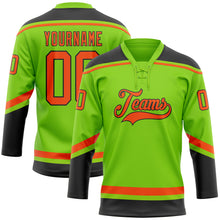 Load image into Gallery viewer, Custom Neon Green Orange-Black Hockey Lace Neck Jersey
