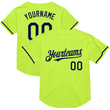 Load image into Gallery viewer, Custom Neon Green Navy Mesh Authentic Throwback Baseball Jersey
