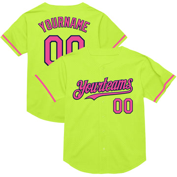 Custom Neon Green Pink-Navy Mesh Authentic Throwback Baseball Jersey