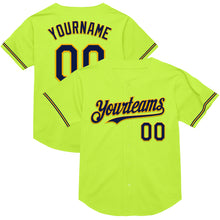 Load image into Gallery viewer, Custom Neon Green Navy-Gold Mesh Authentic Throwback Baseball Jersey
