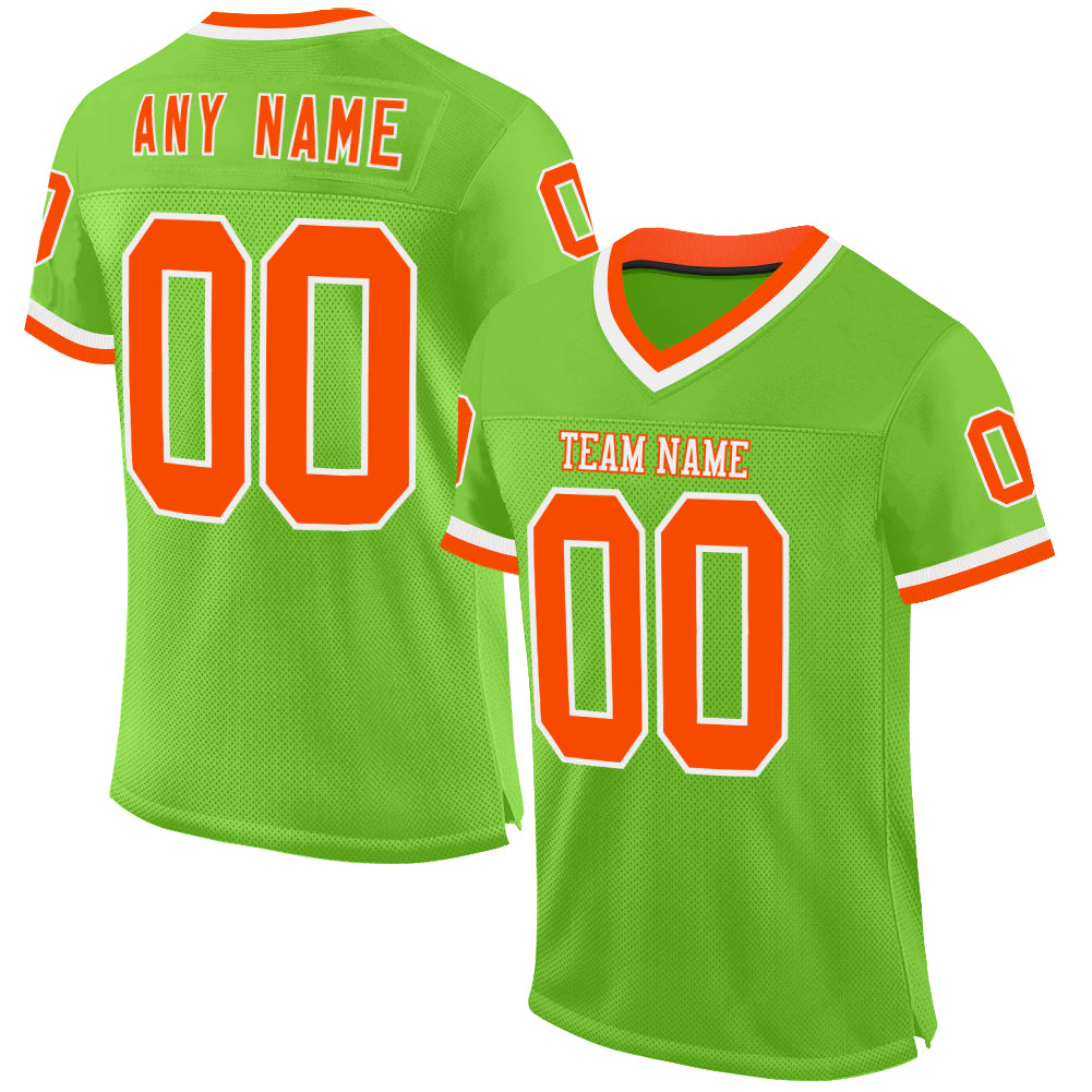 Custom Neon Green Orange-White Mesh Authentic Throwback Football Jersey