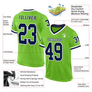 Custom Neon Green Navy-White Mesh Authentic Throwback Football Jersey