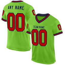 Load image into Gallery viewer, Custom Neon Green Red-Navy Mesh Authentic Throwback Football Jersey
