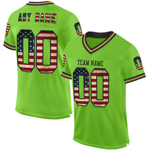 Load image into Gallery viewer, Custom Neon Green Vintage USA Flag Black-Old Gold Mesh Authentic Throwback Football Jersey
