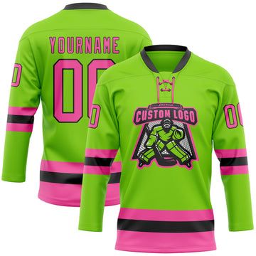 Custom Neon Green Pink-Black Hockey Lace Neck Jersey