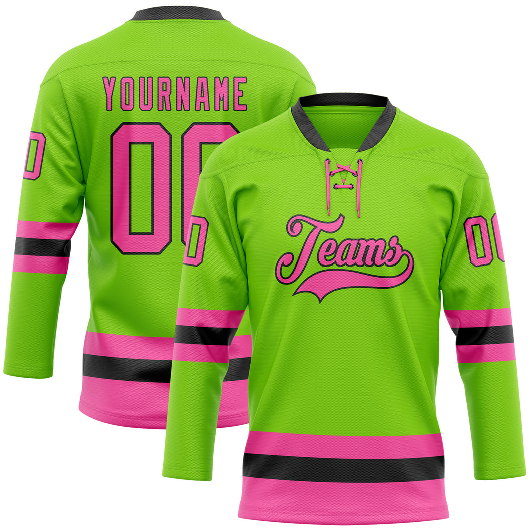 Custom Neon Green Pink-Black Hockey Lace Neck Jersey