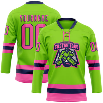 Custom Neon Green Pink-Navy Hockey Lace Neck Jersey