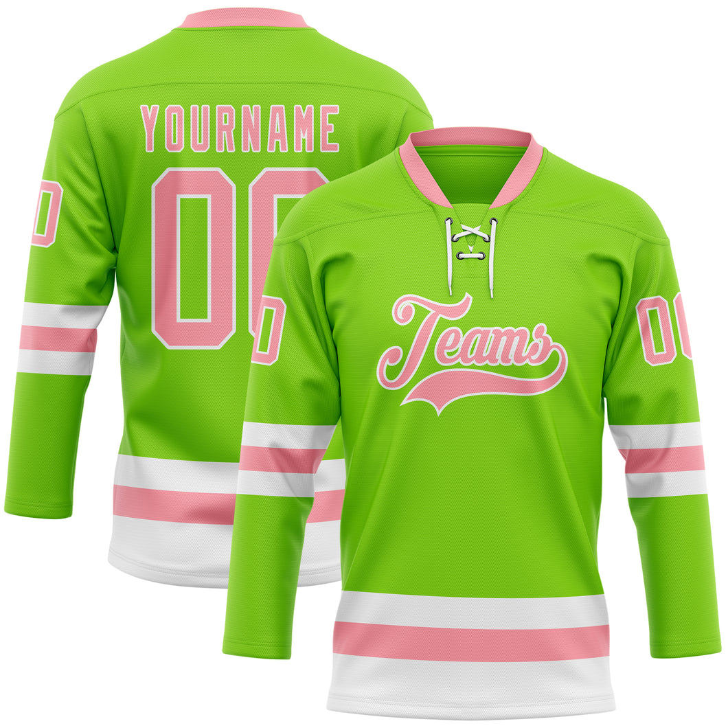 Custom Neon Green Medium Pink-White Hockey Lace Neck Jersey