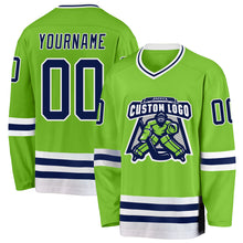 Load image into Gallery viewer, Custom Neon Green Navy-White Hockey Jersey
