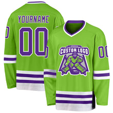 Load image into Gallery viewer, Custom Neon Green Purple-White Hockey Jersey
