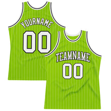 Load image into Gallery viewer, Custom Neon Green White Pinstripe Black Authentic Throwback Basketball Jersey
