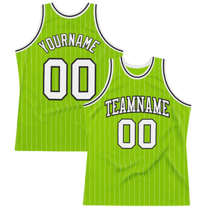 Custom Neon Green White Pinstripe Black Authentic Throwback Basketball Jersey