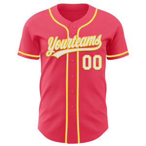 Custom Neon Pink White-Yellow Authentic Baseball Jersey