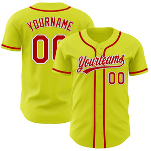 Custom Neon Yellow Red-White Authentic Baseball Jersey