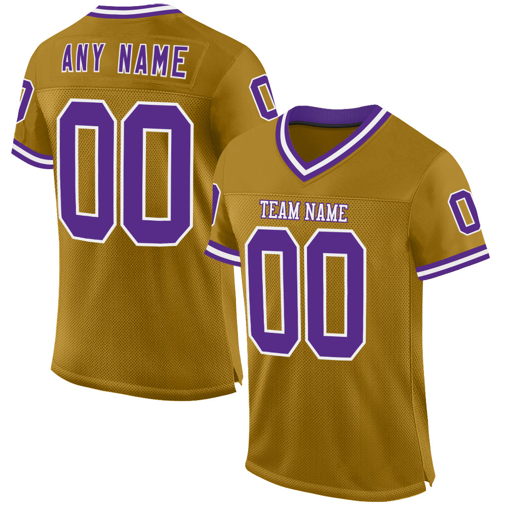 Custom Old Gold Purple-White Mesh Authentic Throwback Football Jersey