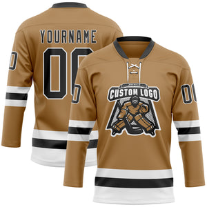 Custom Old Gold Black-White Hockey Lace Neck Jersey