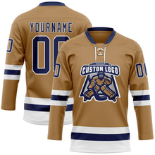 Load image into Gallery viewer, Custom Old Gold Navy-White Hockey Lace Neck Jersey
