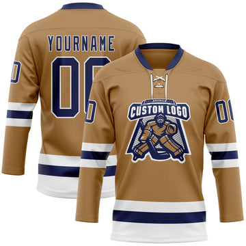 Custom Old Gold Navy-White Hockey Lace Neck Jersey