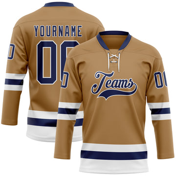 Custom Old Gold Navy-White Hockey Lace Neck Jersey