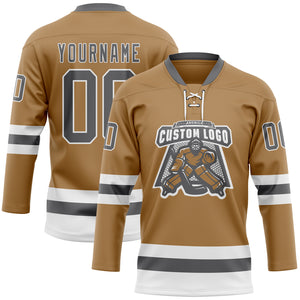 Custom Old Gold Steel Gray-White Hockey Lace Neck Jersey