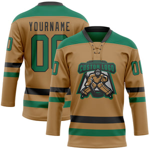 Custom Old Gold Kelly Green-Black Hockey Lace Neck Jersey