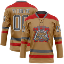 Load image into Gallery viewer, Custom Old Gold Steel Gray-Red Hockey Lace Neck Jersey
