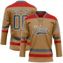 Load image into Gallery viewer, Custom Old Gold Steel Gray-Red Hockey Lace Neck Jersey
