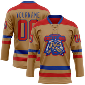 Custom Old Gold Red-Royal Hockey Lace Neck Jersey