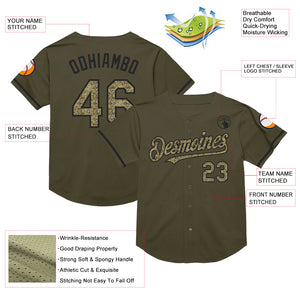 Custom Olive Camo-Black Mesh Authentic Throwback Salute To Service Baseball Jersey