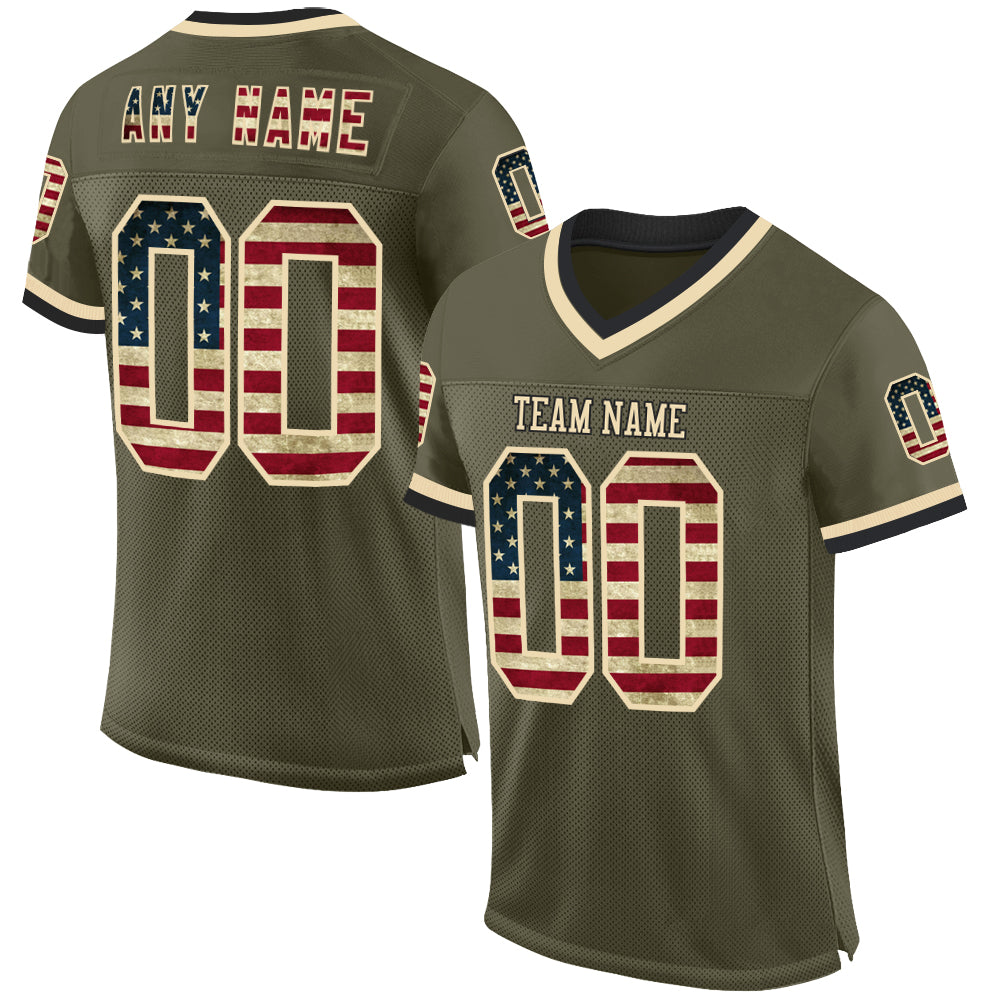 Custom Olive Vintage USA Flag Cream-Black Mesh Authentic Throwback Salute To Service Football Jersey