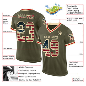 Custom Olive Vintage USA Flag Cream-Red Mesh Authentic Throwback Salute To Service Football Jersey