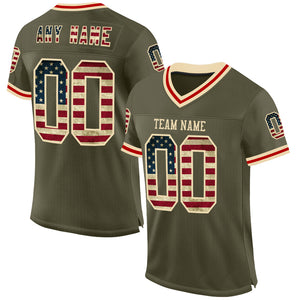 Custom Olive Vintage USA Flag Cream-Red Mesh Authentic Throwback Salute To Service Football Jersey