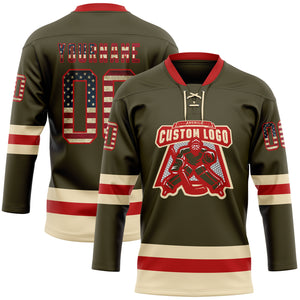 Custom Olive Vintage USA Flag Red-Cream Salute To Service Hockey Lace Neck Jersey