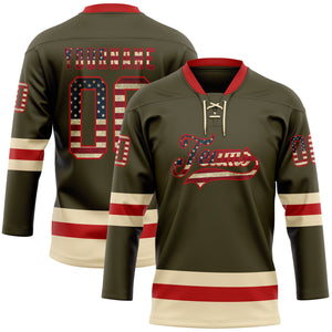 Custom Olive Vintage USA Flag Red-Cream Salute To Service Hockey Lace Neck Jersey