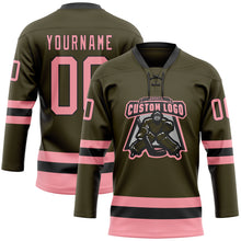 Load image into Gallery viewer, Custom Olive Medium Pink-Black Salute To Service Hockey Lace Neck Jersey
