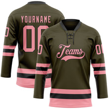 Load image into Gallery viewer, Custom Olive Medium Pink-Black Salute To Service Hockey Lace Neck Jersey
