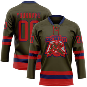 Custom Olive Red-Navy Salute To Service Hockey Lace Neck Jersey